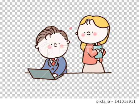 A man and a woman blush as they become aware of each other in the office (office romance, mutual feelings) A man and a woman blush as they become aware of each other in the office (office romance, mutual feelings) 141018911
