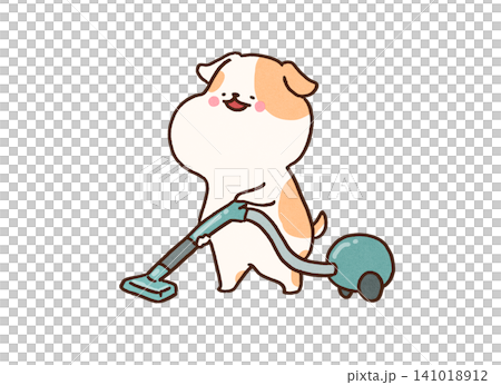 A dog with a cheerful smile is vacuuming and cleaning the room (housework/cleaning). A dog with a cheerful smile is vacuuming and cleaning the room (housework/cleaning). 141018912