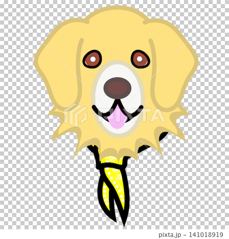 An illustration of a golden retriever's face wearing a bandana. 141018919