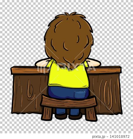 Boy sitting at desk with head resting on crossed arms back view cartoon illustration 141018972