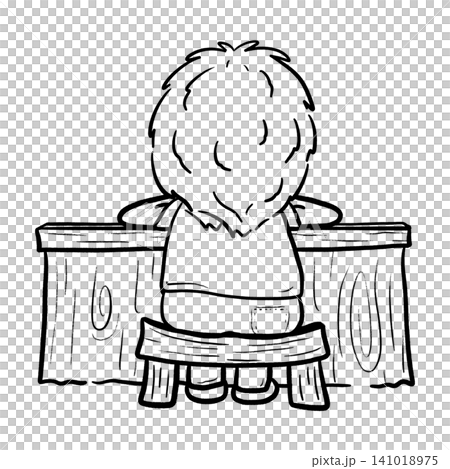 Boy sitting at desk with head resting on crossed arms back view cartoon outline illustration Boy sitting at desk with head resting on crossed arms back view cartoon outline illustration 141018975