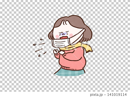 A woman in a knitted sweater sneezing under her mask (due to a cold or seasonal change). A woman in a knitted sweater sneezing under her mask (due to a cold or seasonal change). 141019114