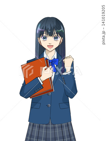 笑顔で本を持つ女子高校生または中学生のアニメ風イラスト、白バック 141019205