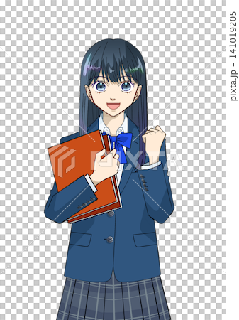 笑顔で本を持つ女子高校生または中学生のアニメ風イラスト、白バック 141019205