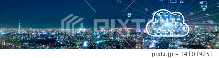 現代都市とクラウドネットワーク。DX、AI、システム、SaaS、アプリ、データ、IoT、バナー、広告 現代都市とクラウドネットワーク。DX、AI、システム、SaaS、アプリ、データ、IoT、バナー、広告 141019251