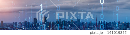 現代都市とデジタルテクノロジー。DX、データ、未来、サイバー、クラウド、AI、システム、バナー、広告 現代都市とデジタルテクノロジー。DX、データ、未来、サイバー、クラウド、AI、システム、バナー、広告 141019255