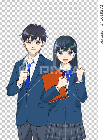 Anime-style illustration of smiling high school or junior high school students, male and female, white background Anime-style illustration of smiling high school or junior high school students, male and female, white background 141019272