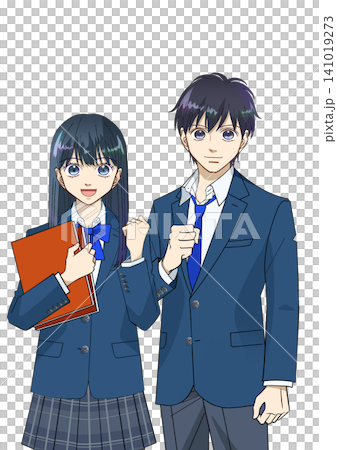 動漫風格的插圖,高中生或國中生微笑,男女,白色背景 動漫風格的插圖,高中生或國中生微笑,男女,白色背景 141019273