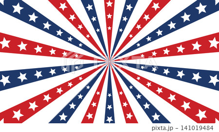 Patriotic American flag radial starburst banner with red blue white rays and scattered stars for Independence Day celebration design Patriotic American flag radial starburst banner with red blue white rays and scattered stars for Independence Day celebration design 141019484