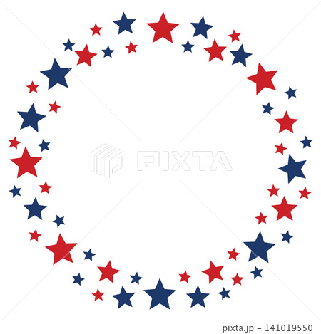 USA Patriotic Stars Circle Frame on White Background, Red and Blue American Star Confetti Border, Minimal Vector Decoration for Independence Day, Fourth of July and 250 Anniversary 141019550