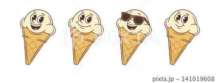 Set Of Four Ice Cream Cones With Different Emotions Cartoon Character Vector Illustration Set Of Four Ice Cream Cones With Different Emotions Cartoon Character Vector Illustration 141019608
