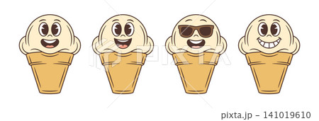 Funny Ice Cream Cone With Emotions Retro Cartoon Character Vector Illustration Set 141019610