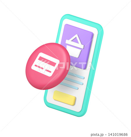 3d Realistic Icon Blue Smartphone With Purple Cart And Pink Payment Card 141019686
