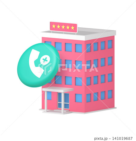 3d Realistic Icon Pink Hotel Building With Mint Green Phone Add Contact Symbol 141019687