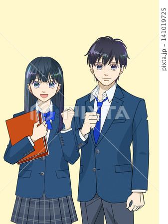 笑顔で本を持つ女子学生と、ガッツポーズをする男子学生のアニメ風イラスト 141019725