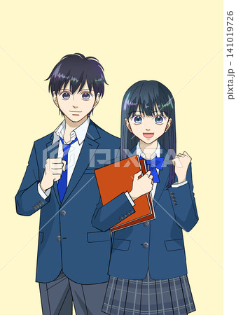 笑顔で本を持つ女子学生と、ガッツポーズをする男子学生のアニメ風イラスト 141019726