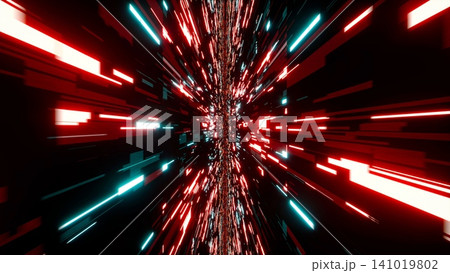 Flowing Red and Cyan Colored cyber technology data on the narrow gap between cyberspace walls 141019802