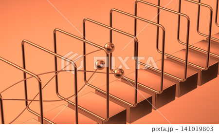 flying bronze metal beads through the metallic structure 3D Rendering flying bronze metal beads through the metallic structure 3D Rendering 141019803