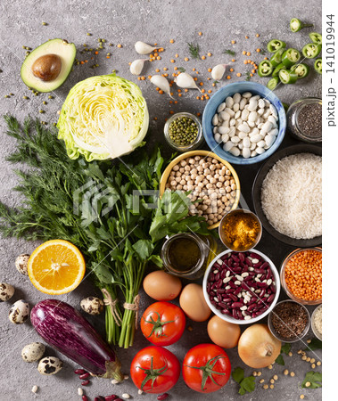 Healthy food ingredients balanced nutrition meal Healthy food ingredients balanced nutrition meal 141019944