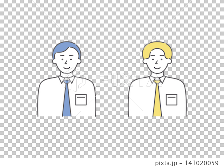 A set of illustrations (blue and yellow) of two businessmen with the expression of "joy" from the range of emotions. 141020059