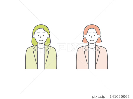 喜怒哀楽の「喜」の表情をしているビジネスパーソンの女性二人組のイラストセット(黄緑・ピンク) 喜怒哀楽の「喜」の表情をしているビジネスパーソンの女性二人組のイラストセット(黄緑・ピンク) 141020062