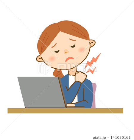 パソコン作業中に首・肩がこっている女性のイラスト パソコン作業中に首・肩がこっている女性のイラスト 141020161