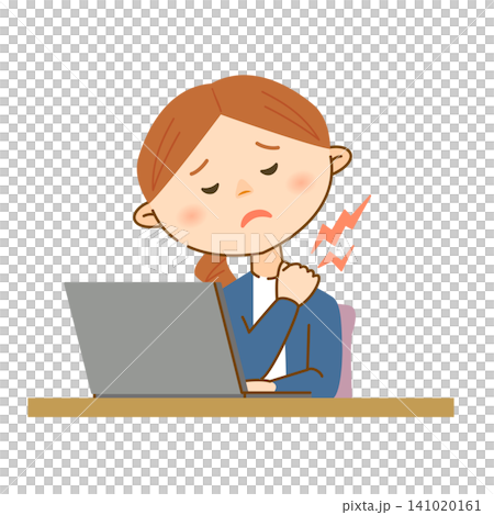 An illustration of a woman with a stiff neck and shoulders from working on a computer. An illustration of a woman with a stiff neck and shoulders from working on a computer. 141020161