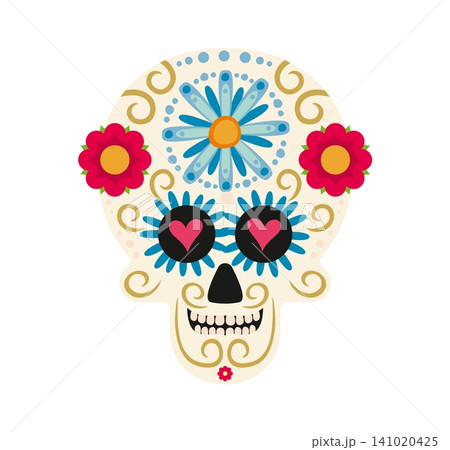 Mexican calavera sugar skull for day of the dead festival or Dia De Los Muertos holiday. Mexican sugar skull of Catrina calavera with marigold flowers pattern and hearts ornament for Mexico fiesta Mexican calavera sugar skull for day of the dead festival or Dia De Los Muertos holiday. Mexican sugar skull of Catrina calavera with marigold flowers pattern and hearts ornament for Mexico fiesta 141020425