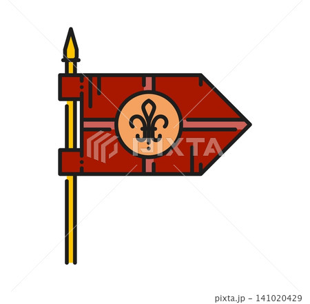 Heraldry red flag on flagpole color line icon or symbol. Royal Coat of Arms lineart sign, ancient crest icon. Antique heraldry symbol with monarch lilly 141020429