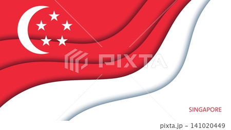 Singapore paper cut flag for 9 August National Day holiday papercut banner. Singapore flag with red and white wavy colors, crescent and stars for patriotic independence banner with paper cut waves 141020449