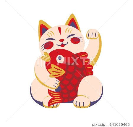 Maneki Neko lucky cat or Japanese toy doll with waving paw and funny muzzle face. Japanese cat cartoon character of Maneki Neko pet animal holding koi fish as symbol of Japan traditional culture Maneki Neko lucky cat or Japanese toy doll with waving paw and funny muzzle face. Japanese cat cartoon character of Maneki Neko pet animal holding koi fish as symbol of Japan traditional culture 141020466