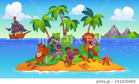Cartoon funny animal pirates and corsairs characters on tropical island with palm trees and ship in ocean. Treasure hunting adventure scene with adorable cat, wolf, eagle, lion and starfish sea crew 141020469