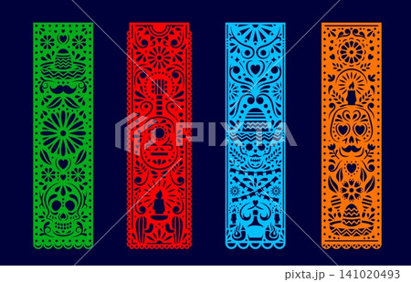 Mexican paper cut borders, papel picado holiday ornament. Vertical banners with Day of the Dead sugar skulls, sombreros, guitar and floral cutout patterns. Festive traditional decor for celebration 141020493