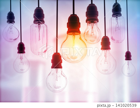 Glowing electric bulb lamp in a row of lamps Glowing electric bulb lamp in a row of lamps 141020539