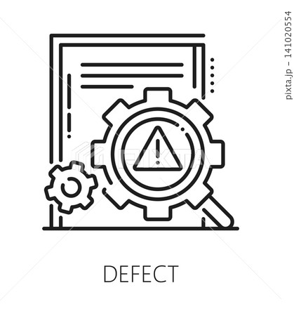 Quality defect inspection line icon or label. Product quality inspection symbol, regulatory approval vector pictogram. Production defect control icon with document, magnifying glass and cogwheel Quality defect inspection line icon or label. Product quality inspection symbol, regulatory approval vector pictogram. Production defect control icon with document, magnifying glass and cogwheel 141020554