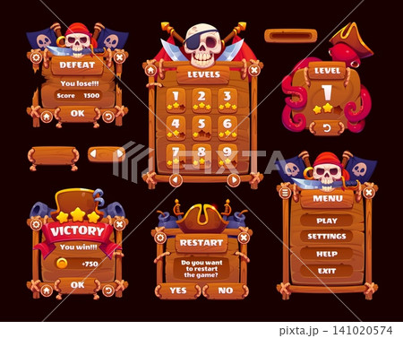 Pirate game UI menu interface window and app panels with cartoon corsair skulls, black flags and swords. Game UI old wood board menu frames, wood buttons and progress bar with pirate weapons Pirate game UI menu interface window and app panels with cartoon corsair skulls, black flags and swords. Game UI old wood board menu frames, wood buttons and progress bar with pirate weapons 141020574