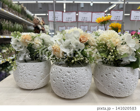 Artificial Floral Arrangements In White Decorative Pots Displayed Inside Modern Store Artificial Floral Arrangements In White Decorative Pots Displayed Inside Modern Store 141020583
