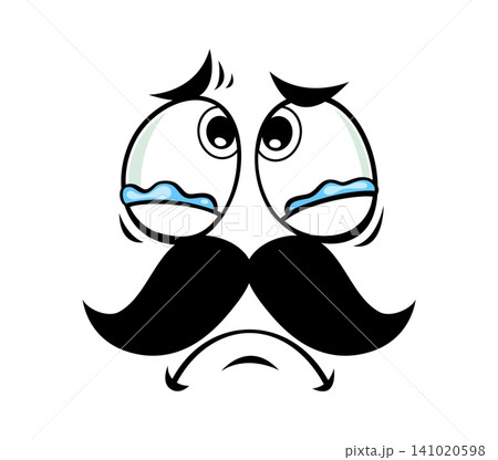 Cartoon crying face with sadness emotion. Comic face with large teary eyes, raised inner brows, bold thick mustache and small downturned frown. Funny expression for mental health awareness posters Cartoon crying face with sadness emotion. Comic face with large teary eyes, raised inner brows, bold thick mustache and small downturned frown. Funny expression for mental health awareness posters 141020598
