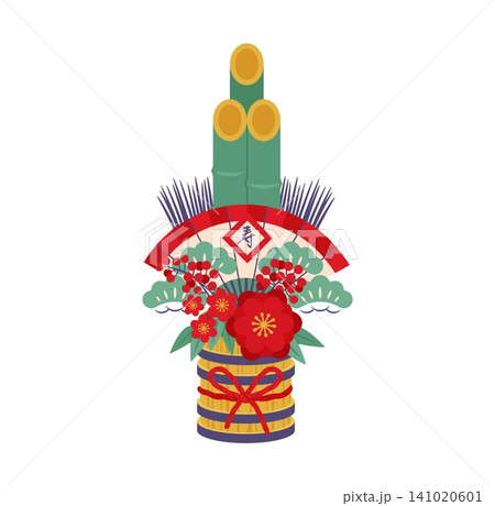 Kadomatsu decoration and Japanese New Year symbol for Japan holiday cartoon icon. Kadomatsu with bamboo, pine and quince flowers with greetings on fan for Japanese New Year or Oshogatsu decoration Kadomatsu decoration and Japanese New Year symbol for Japan holiday cartoon icon. Kadomatsu with bamboo, pine and quince flowers with greetings on fan for Japanese New Year or Oshogatsu decoration 141020601