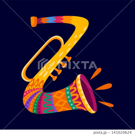 Mexican folk font type cartoon letter Z. Mexican folk alphabet sign, Hispanic national typeset isolated vector element. Mexico culture kids ABC letter or font symbol with saxophone musical instrument 141020624