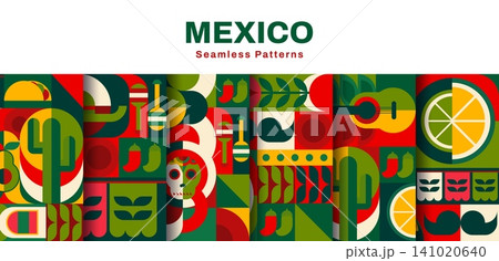 Mexico holidays and travel geometric mosaic seamless patterns with Mexican backgrounds. Mexico culture geometric pattern of calavera sugar skull, sombrero and guitar with moustaches or jalapeno pepper 141020640