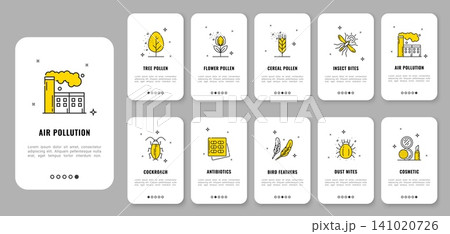 Mobile app onboarding screen, non food allergen free signs, allergy pictograms. Immunological intolerance app onboarding screen slides with pollen, dust, feather and cosmetic allergy line icons Mobile app onboarding screen, non food allergen free signs, allergy pictograms. Immunological intolerance app onboarding screen slides with pollen, dust, feather and cosmetic allergy line icons 141020726