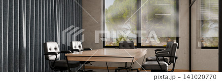3D Illustration of Modern Corporate Conference Room with Wooden Table, Leather Chairs, and Window Blinds 3D Illustration of Modern Corporate Conference Room with Wooden Table, Leather Chairs, and Window Blinds 141020770
