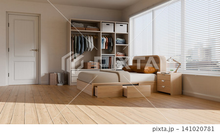 3D Illustration of Modern Minimalist Bedroom Interior with Wardrobe Storage and Wooden Furniture Design 3D Illustration of Modern Minimalist Bedroom Interior with Wardrobe Storage and Wooden Furniture Design 141020781