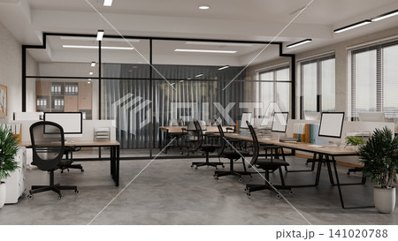 3D Illustration of Modern Open Plan Office Interior with Glass Partition, Workstations and Natural Light 3D Illustration of Modern Open Plan Office Interior with Glass Partition, Workstations and Natural Light 141020788