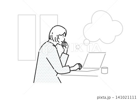 悩み、不安、孤独ー自宅でパソコンに向かう女性ー困った顔ートラブルーシンプルベクターイラスト素材 141021111