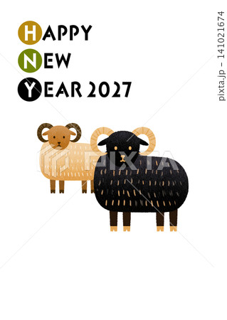謹賀新年 2027年 令和九年 未年 羊イラスト 年賀状テンプレート 謹賀新年 2027年 令和九年 未年 羊イラスト 年賀状テンプレート 141021674
