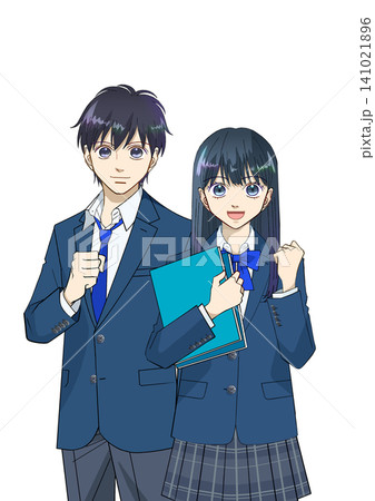 笑顔の高校生または中学生の男女のアニメ風イラスト、白バック 笑顔の高校生または中学生の男女のアニメ風イラスト、白バック 141021896