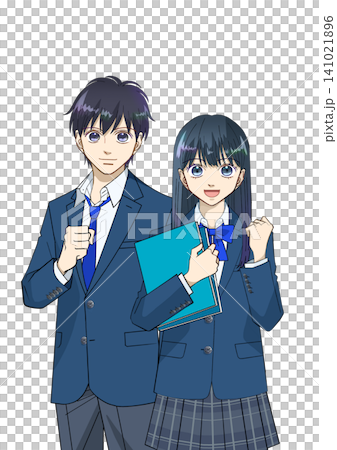 笑顔の高校生または中学生の男女のアニメ風イラスト、白バック 笑顔の高校生または中学生の男女のアニメ風イラスト、白バック 141021896