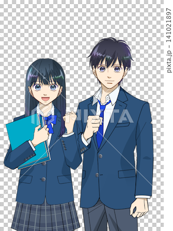 Anime-style illustration of smiling high school or junior high school students, male and female, white background Anime-style illustration of smiling high school or junior high school students, male and female, white background 141021897